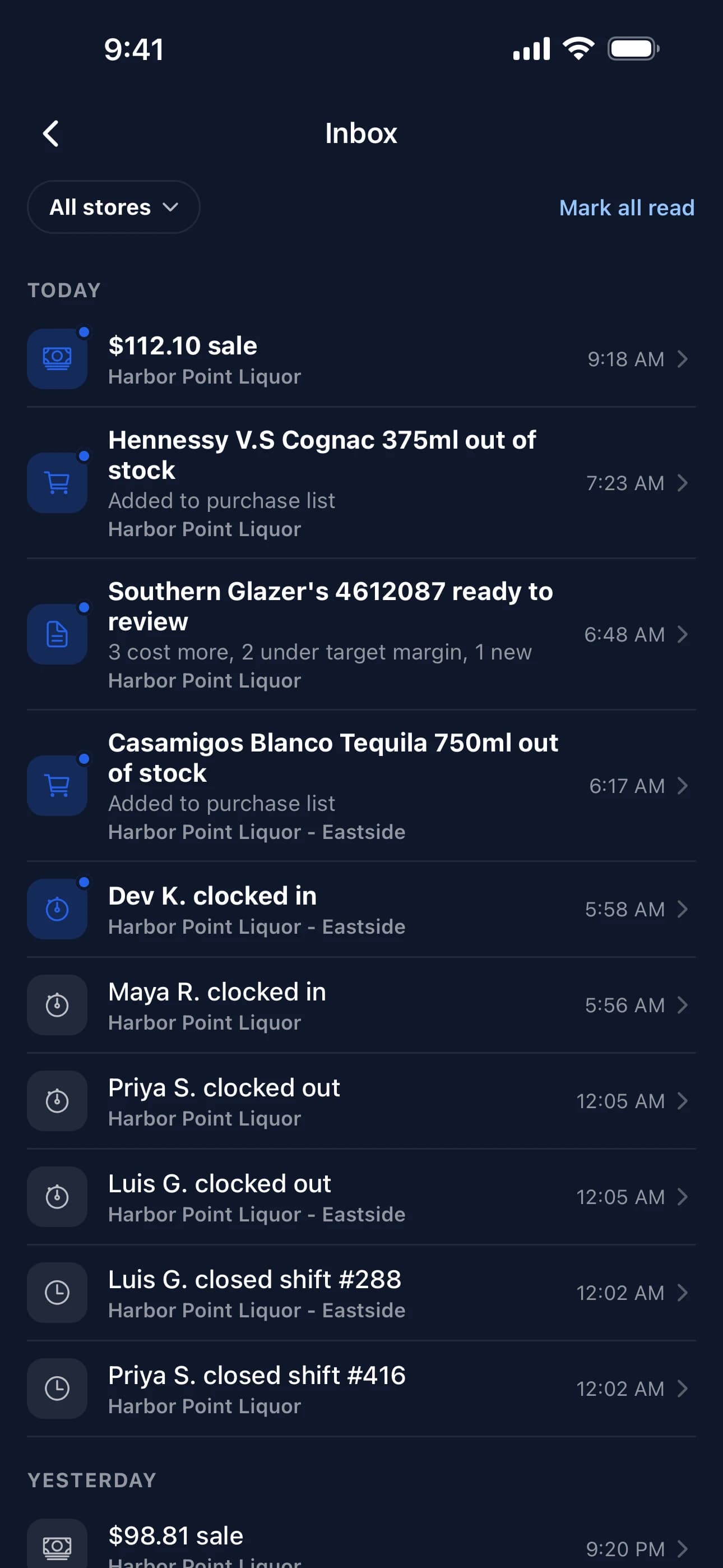 Owner app activity feed: shift closed, a large sale, a clock-out, an invoice ready