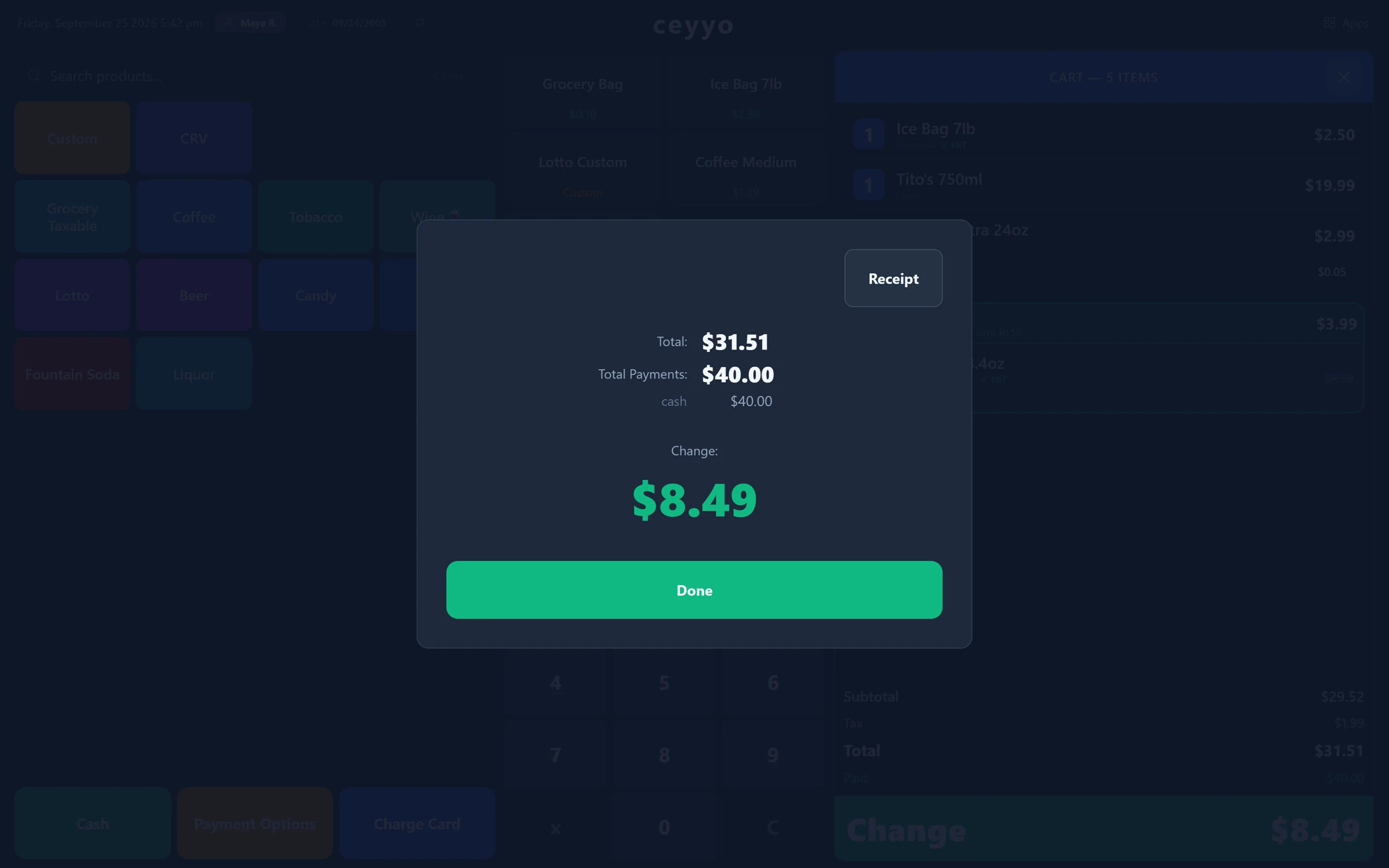 Change due $8.49 shown large after a $40 cash payment