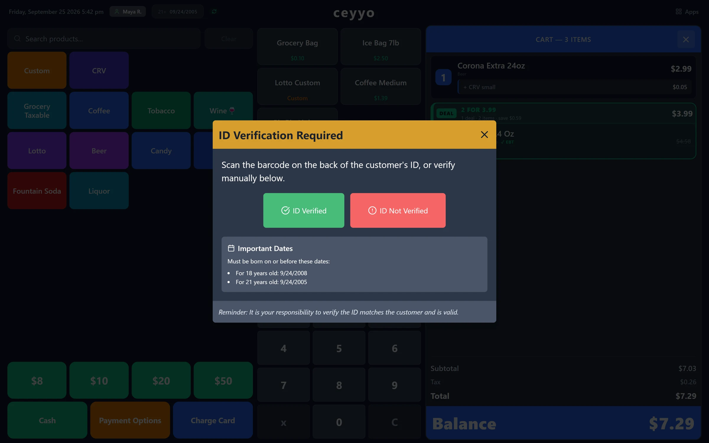 ID Verification Required dialog with the 18 and 21 cutoff dates