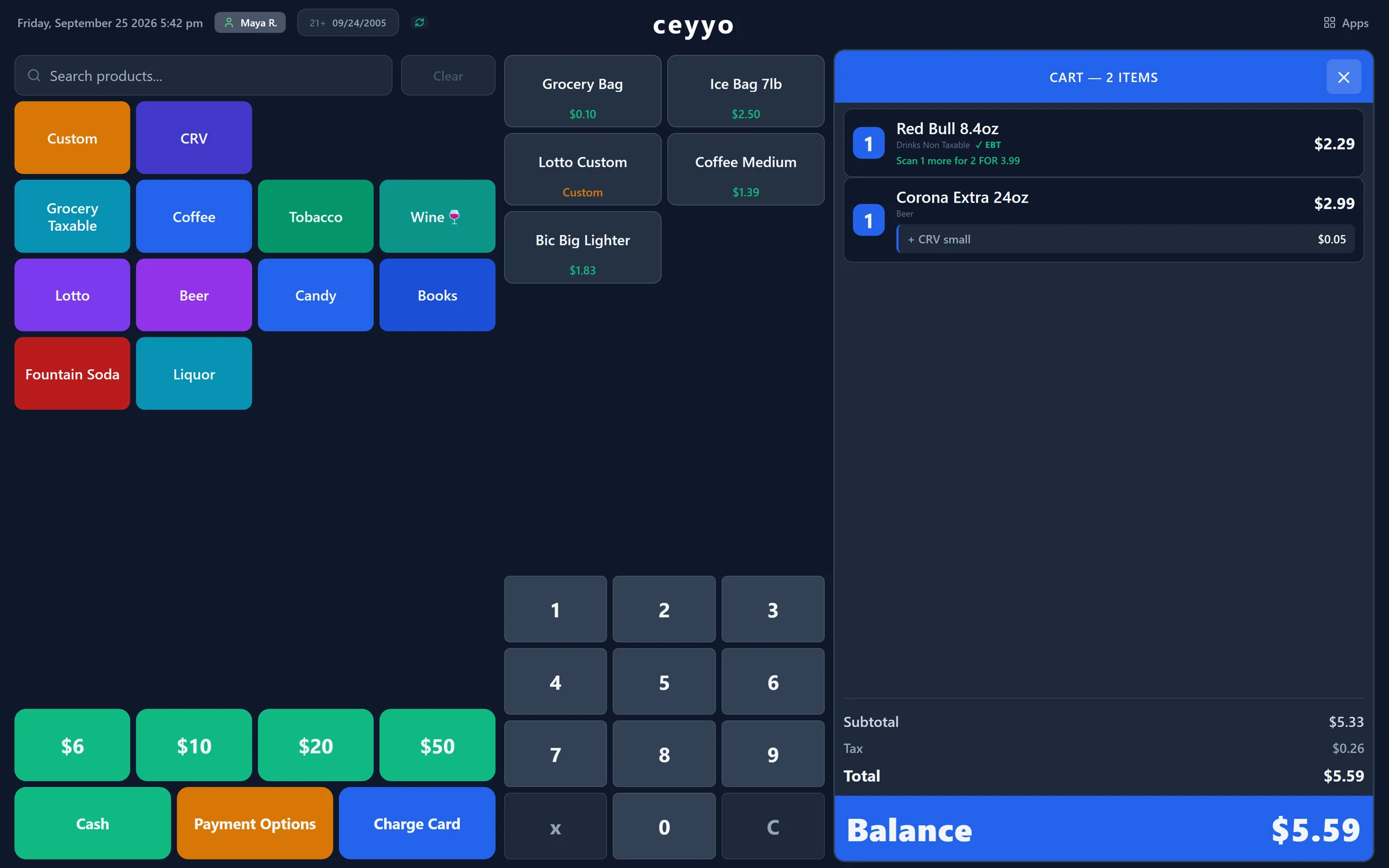 Ceyyo register with category tiles, one-tap shortcuts, and a cart hinting one more Red Bull makes the deal